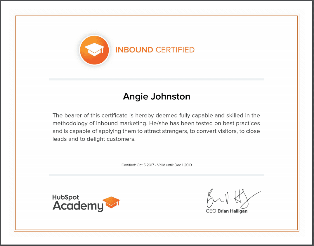 Angie Papple Johnston - Hubspot Inbound Certification